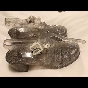 JuJu clear, silver sparkle Jellies. Size 9